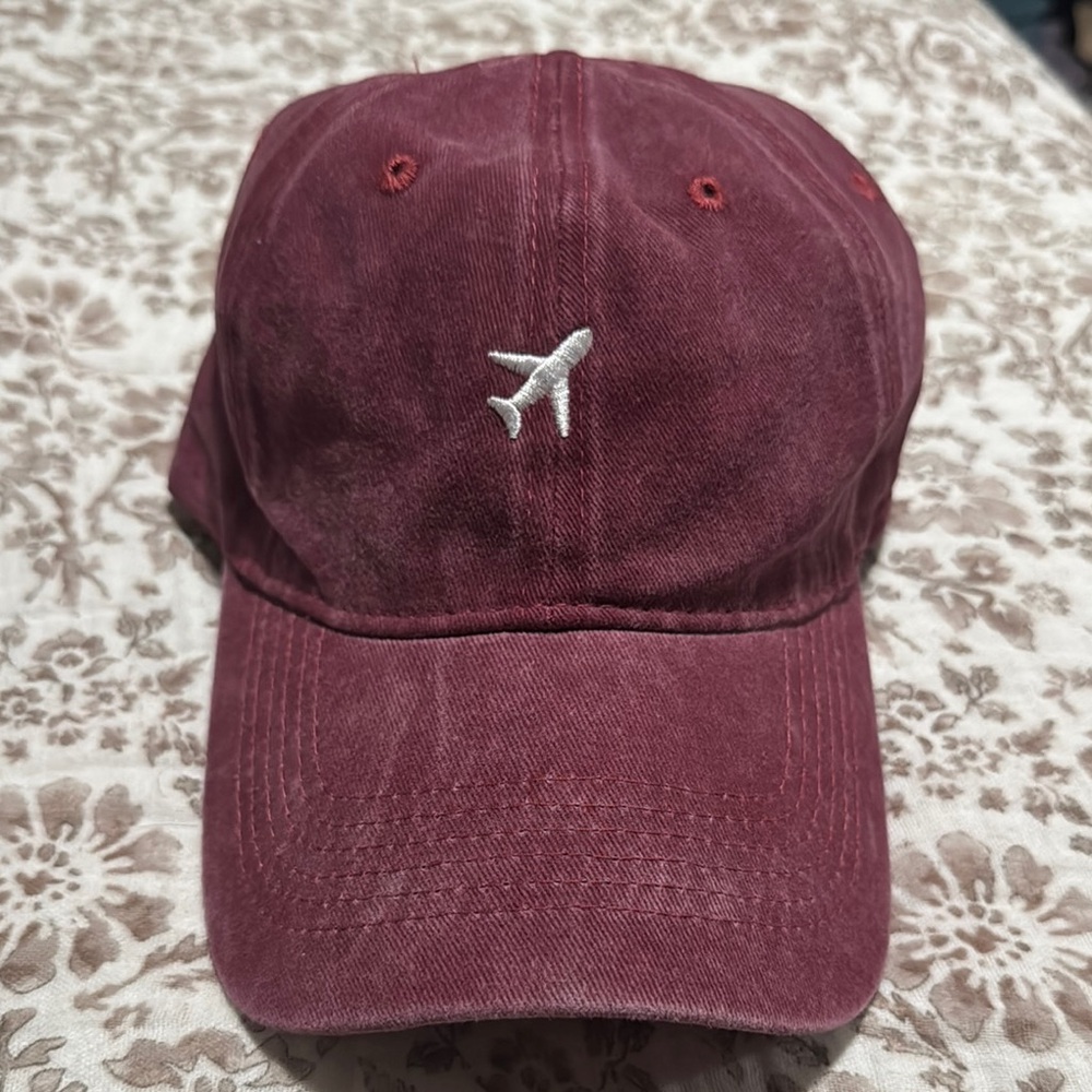 Burgundy Cap with Airplane Embroidery